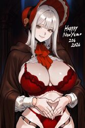 1female 1girls 2025 2026 ai_assisted ai_generated background big_breasts bloodborne blush blushing_female bonnet bra breasts clothed clothed_female clothing corset doll doll_joints female female_focus female_only fromsoftware green_eyes happy_new_year large_breasts lifted_by_self light-skinned_female light_skin lingerie lingerie_bra lingerie_only lingerie_panties long_hair new_year nipples panties plain_doll ponytail pose posing smile smiling uncensored video_game video_game_character video_game_franchise video_games white_hair