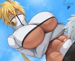 1boy 1girls abs alternate_version_available athletic athletic_female bleach blonde_hair dark-skinned_female dark_skin devilukez female female_focus green_eyes muscular muscular_female tia_harribel tier_harribel toshiro_hitsugaya underboob unseen_male_face
