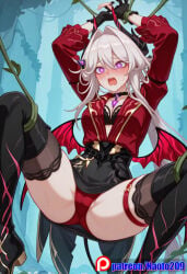 1girls ai_generated black_bra black_skirt devil_tail horn naotopanchira panties pantyshot pencil_skirt purple_eyes red_jacket solo_focus succubus thelema thelema_(honkai_impact) thelema_nutriscu upskirt white_hair