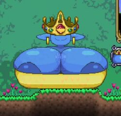 animated areola areolae big_areola big_breasts big_nipples blue_areola blue_areolae breasts breasts_bigger_than_head crown earrings elf_ears female female_focus gameplay gigantic_breasts golden_earrings huge_areola huge_areolae huge_breasts huge_nipples hyper hyper_breasts king_slime_(terraria) male mod moving_breasts ninja nipples no_audio no_sound piercings pixel_(artwork) pixel_animation pixelated short_video slime slime_girl slime_monster smile smiling solo_female tagme terraria video