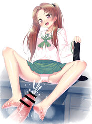 1boy 1girls artist_request blush brown_eyes brown_hair censored clothed_sex cum cum_on_feet feet female footjob full_body girls_und_panzer kadotani_anzu open_mouth panties penis pink_panties school_uniform sitting skirt spread_legs sweat tied_hair twintails underwear upskirt