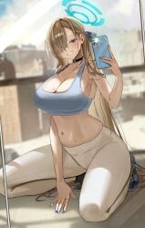 1girls absurdres alternate_costume asuna_(blue_archive) asymmetrical_bangs black_choker blonde_hair blue_archive blue_eyes blue_shoes blue_sports_bra blush breasts cellphone choker cleavage collarbone female female_only fingernails hair_over_one_eye halo highres holding holding_phone large_breasts leggings long_hair looking_at_viewer mirror mirror_selfie mole mole_on_breast nail_polish navel one_eye_covered phone pibag reflection selfie shoes smile sneakers solo sports_bra squatting stomach straight_hair sweat very_long_hair white_leggings workout_clothes