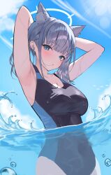 animal_ear_fluff animal_ears armpits arms_up bare_arms blue_archive blue_eyes blue_sky blurry blurry_background blush breasts bubble cleavage cloud competition_swimsuit depth_of_field dodosaae ear_piercing female from_below grey_hair hair_ornament halo highres lens_flare light_rays looking_at_viewer medium_hair official_alternate_costume one-piece_swimsuit outdoors parted_lips partially_submerged piercing shiroko_(blue_archive) shiroko_(swimsuit)_(blue_archive) sky solo swimsuit upper_body water wet white_halo wolf_ears wolf_girl