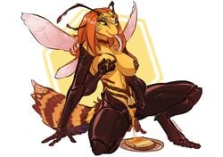 2015 4_fingers abstract_background antennae anthro arm_support arthropod bee black_nipples black_sclera bread breast_grab breasts clitoris crown digitigrade female food hair hand_on_breast hi_res honey insects jewelry kneeling lactating_honey lactation long_hair long_tongue looking_at_viewer masturbation multi_arm multi_limb navel nipples nude orange_hair plate pussy ringed_tail solo tiara toast tongue tongue_out unusual_cum unusual_lactation vaginal_masturbation wings yellow_eyes zummeng