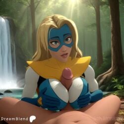 1boy ai_assisted ai_generated blonde_hair blue_eyes bodysuit breasts breasts_squeezed_together cleavage clothed_female_nude_male day domino_mask dreamblend erection eye_mask female forest gloves large_breasts large_penis light_rays lips long_hair looking_at_viewer mask nature navel nude outdoors paizuri paizuri_under_clothes parted_lips partially_submerged penis pov pov_crotch smile solo_focus straight sunbeam sunlight superhero teeth tree uncensored water waterfall watermark
