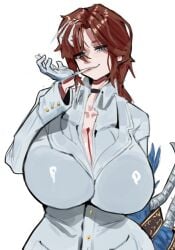 rhlatm fauvism rodion_(limbus_company) rodion_(project_moon) limbus_company project_moon uniform fancy_clothing white_clothing white_gloves light-skinned_female light_skin cleavage cleavage_cutout monster_arm collar collarbone 1girls 2d 2d_(artwork) fully_clothed the_ring_(project_moon) white_background simple_background blue_eyes brown_hair white_hair multicolored_hair looking_at_viewer gloves_removed gloves_in_mouth huge_breasts breasts clothes_barely_covering barely_contained barely_contained_breasts tits tits_bigger_than_head breasts_bigger_than_head female female_only female_focus femdom smile smiling smiling_at_viewer teasing teasing_viewer massive_breasts