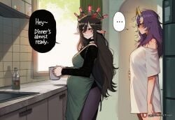 ... 2girls ai_generated apron big_belly black_choker black_hair black_shirt black_sweater blush bottle breasts choker closed_eyes cup drunk english_text from_side futanari green_apron green_eyes height_difference holding holding_cup horns indoors kitchen large_breasts layna_lazar long_hair long_pointy_ears long_sleeves meme messy_hair multiple_girls off_shoulder oni onigiri_(vtuber) patreon_username pointy_ears pregnant purple_hair see-through_silhouette shirt sink sleepy speech_bubble spoken_ellipsis squeans sweater tillian virtual_youtuber vtuber waking_up white_shirt window
