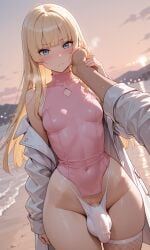 1futa abs ai_generated asymmetrical_legwear balls blonde_futa blonde_hair blue_eyes blush breasts bulge caressing_face covered_abs curvy dickgirl dutch_angle fishnets futa_only futanari hand_on_face hand_on_hand hime_cut hime_girl_(jamesbron) holding_hand intersex jamesbron long_hair navel navel_visible_through_clothes panties penis penis_bulge penis_in_panties pov pov_eye_contact pov_hands romantic small_breasts standing sunset thighs thin_waist white_panties wide_hips