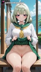 1girls 2025 ai_assisted ai_generated anime araga_kiwi artist_name beach blue_sky breasts bust clothes_lift cloud exhibitionism explicit flashing green_hair green_skirt gushing_over_magical_girls hi_res high_quality high_resolution highres lifted_by_self looking_at_viewer mahou_shoujo_ni_akogarete navel no_panties patreon patreon_username school_uniform sitting skirt skirt_hold skirt_lift sky skypassion smile solo stable_diffusion watermark window