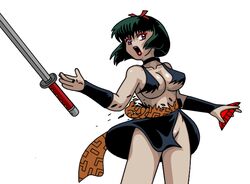 1girls black_hair bob_(haircut) breasts clothed clothes comb defeated dress eyeshadow female hair_tie hairband inuyasha large_breasts lipstick makeup medium_hair no_underwear open_mouth pink_eyes sideboob simple_background solo sword tearing_clothes torn_clothes underboob weapon white_background yura_of_the_hair yurafan