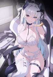 ahoge asymmetrical_horns bare_shoulders belt belt_collar black_horns black_ribbon blue_eyes blue_hair bra breasts chair cheese cheese_trail cleavage closed_mouth collar collarbone colored_extremities colored_inner_hair commentary computer_keyboard computer_mouse controller desk_lamp diamond_(shape) diamond_hair_ornament dragon_girl dragon_horns dragon_tail eating english_commentary female fingernails food frilled_panties frilled_thighhighs frills game_controller gaming_chair garter_straps groin hair_between_eyes hair_intakes hair_ornament hair_ribbon hand_rest hand_up harness heterochromia highres holding holding_food holding_pizza horns indie_virtual_youtuber indoors lamp large_breasts lingerie long_fingernails long_hair looking_at_viewer mismatched_horns monitor multicolored_hair nvl oerba_yun_fang panties pizza pointy_ears purple_eyes purple_nails ribbon second-party_source sidelighting single_thighhigh skin_fang smile solo strap_slip swivel_chair tail thigh_belt thigh_strap thighhighs two_side_up underwear vaipyre_(vtuber) very_long_hair virtual_youtuber white_bra white_hair white_panties white_thighhighs