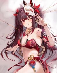 1girls :p absurdres ass bare_legs bare_shoulders bed belly belly_button blush boob_tattoo bra breast_tattoo breasts brown_hair choker cleavage collarbone dakimakura dakimakura_(medium) detached_sleeves female fox_mask hair_ornament highres hips hips_wider_than_shoulders honkai:_star_rail honkai_(series) jingle_bell long_hair looking_at_viewer lying mask masked_fool medium_breasts navel neck_bell on_bed one_eye_closed panties red_eyes red_nails red_underwear ru_zhai side_ass side_view sleeves solo sparkle_(honkai:_star_rail) stomach symbol-shaped_pupils tattoo thighs tongue tongue_out twintails underwear wink