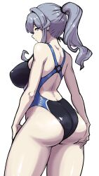 ass_focus blush expressionless from_behind grey_hair hand_on_ass huge_ass huge_breasts looking_back one-piece_swimsuit ponytail thick_thighs wide_hips