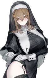 1girls absurdres alternate_costume anis_(nikke) black_dress black_garter_straps black_panties black_thighhighs black_veil blonde_hair blush breasts closed_mouth collar cross cross_necklace dress dutch_angle female female_only garter_straps gloves goddess_of_victory:_nikke hair_between_eyes highres houh888 jewelry large_breasts long_hair looking_at_viewer necklace nun panties side_slit smile solo textless_version thighhighs underwear veil white_collar white_gloves yellow_eyes