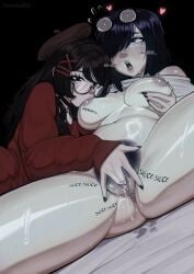 ahe_gao black_hair brazilian brazilian_female breast_grab breast_sucking curemone excessive_pubic_hair fingering glass hair_between_eyes hair_ornament naked_female original_character pubic_hair pussy pussy_focus pussy_juice self_insert selfcest shirt_up trans_woman transfem