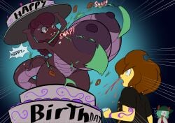 1girls 2025 2boys anthonym_(truearena111) anthro areola big_areola big_breasts big_nipples birthday_cake blood bodily_fluids breasts brown_hair cake clothing commission commissioner_upload container cup dessert embarassed english_text exclamation_point female food freckles generation_3_pokemon generation_5_pokemon generation_7_pokemon genitals gigantic_breasts glasses green_hair group hair hat headgear headwear holding_container holding_cup holding_object huge_areola huge_breasts human humanoid hybrid hyper hyper_breasts ineffective_clothing kirlia legendary_pokemon male mammal marshadow multicolored_body nintendo nipples nosebleed nude onomatopoeia open_mouth penlink pokemon pokemon_(species) purple_areola purple_nipples red_eyes red_glasses scalie scrafty shirt shortstack sketchian_multiverse sling_bikini smol_boss_(penlink) sound_effects swimwear tattoo text topwear trio two_tone_body vulva wardrobe_malfunction white_body