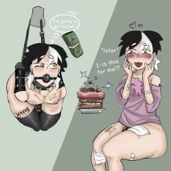1boy 1femboy anal_hook anal_insertion ass bandage bdsm_gear blushing bondage bruise cake chastity_cage chastity_device collar earrings femboy feminine_male gagged gagged_male large_shirt lovers mouth_gag nipple_piercing oc original_character ring shiny_skin shy sissy slave slave_auction slim_waist small_penis spiked_collar thick thick_thighs thighhighs tied_arms tied_hands tiny_penis two-tone_hair veconeaa wide_hips writing_on_body yellow_eyes