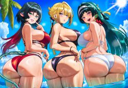 3girls ai_generated ass_focus astra_yao beach beach_background bikini blonde_hair curvy dat_ass evelyn_chevalier female female_only green_eyes green_hair happy hoyoverse huge_ass huge_butt jane_doe_(zenless_zone_zero) large_breasts light_rays long_hair mihoyo multicolored_hair palm_tree parted_lips partially_submerged pink_eyes presenting_ass presenting_butt presenting_hindquarters purple_eyes rat_ears rat_tail seductive_smile shiny_ass shiny_butt short_hair sunlight tail vermadis2x voluptuous voluptuous_female zenless_zone_zero
