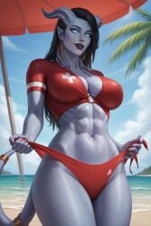 3d 3d_(artwork) abs ai ai-created ai_art ai_generated alliance_(warcraft) athletic athletic_female beach big_breasts black_hair black_lipstick blizzard_entertainment blue_skin breasts cute draenei draenei_female earrings female horns lifeguard red_nails sea sevalgold sexy shadow silver_eyes summer tail umbrella undressing warcraft wet_body wet_clothes world_of_warcraft
