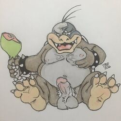 anthro balls barefoot body_hair celestial circumcised erection fat_play food holding_food holding_object humanoid_penis koopa koopaling looking_down male male_only mario_(series) marker_(artwork) moobs morton_koopa_jr. navel nintendo nipples nude open_mouth overweight penis scalie sharp_teeth smile solo spiked_bracelet spread_legs spreading teeth traditional_media_(artwork) vein veiny_penis video_games