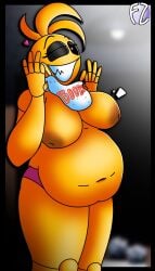 animatronic animatronic_female beakless big_belly big_breasts chicken chicken_girl chubby chubby_female fat female five_nights_at_freddy's five_nights_at_freddy's_2 fnaf fwoompzone phasianid robot robot_girl scottgames solo toy_chica_(fnaf) yellow yellow_skin