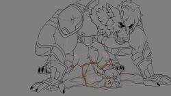 2025 2d_animation 4_toes accessory anal anal_sex animated anthro antler_accessory antlers armor ass barazoku beard bubble_butt butt_jiggle canid claws clothed clothing crouching deer digital_media_(artwork) dominant dominant_male duo facial_hair feet femboy finger_claws frame_by_frame from_behind_position gauntlets genitals gloves grey_background handwear horn jiggling larger_male looking_pleasured luke_durr male male/male male_penetrated male_penetrating male_penetrating_male mammal monochrome muscular muscular_male navel on_ground partially_clothed penetration penis rettriverr sex simple_background size_difference smaller_penetrated spots submissive submissive_male tail toe_claws toes tongue tongue_out