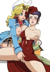 2girls bare_legs bare_shoulders black_skirt blonde_hair blush breast_grab breasts cowboy_bebop cowboy_hat dress duo earrings erect_nipples faye_valentine female fingering green_eyes hahaboobies hair hair_up hat headgear human judy_(cowboy_bebop) large_breasts legs light-skinned_female light_skin long_hair long_sleeves looking_at_another looking_down multiple_girls nipples no_bra no_panties one_breast_out open_clothes parted_lips purple_hair pussy pussy_juice red_dress simple_background sitting skirt smile spread_legs teeth thighs uncensored wet white_background yuri