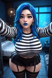 1girls 3d 3d_(artwork) ai_generated big_ass big_breasts blue_hair busty goth goth_girl goth_mommy joan_(oc) lipstick radnsad solo solo_female solo_focus sweater thick_thighs