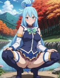 1girls ai_generated aqua_(konosuba) autumn bare_shoulders blue_eyes blue_footwear blue_hair blue_shirt blue_skirt blue_sky blue_thighhighs blush boots bow bowtie breasts cleft_of_venus closed_mouth cloud day detached_sleeves female female_only flower forest green_bow green_bowtie hair_between_eyes hair_ornament hair_rings hands_on_own_thighs high_heel_boots kono_subarashii_sekai_ni_shukufuku_wo! large_breasts long_hair looking_at_viewer medium_breasts miniskirt mountain mountainous_horizon nature no_panties outdoors pussy river rock shirt single_hair_ring skirt sky sleeveless sleeveless_shirt smile solo spread_legs squatting stream thigh_boots thighhighs thighhighs_under_boots thighs tree uncensored very_long_hair water white_sleeves white_thighhighs xxai