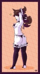 1girls 2023 arm_sleeves arms_behind_head armwear aroace_pride_colors ass_tattoo bell_collar blush brown_eyes brown_hair collar fingerless_arm_sleeves hi_res jaiden jaiden_animations legwear lingerie looking_at_viewer looking_back looking_back_at_viewer maid_headdress medium_breasts nieldacan queen_of_spades sketch solo solo_female stirrup_legwear string_panties sweatdrop toeless_legwear wavy_mouth white-haired_female youtube youtuber