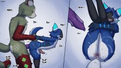 absurd_res akoqev anal anal_sex anthro anus arm_grab arm_pull ass balls big_butt blue_body blue_eyes blue_fur bodily_fluids cum cum_covered cum_drip cum_in_ass cum_inside cum_on_body cum_on_butt cum_on_face dripping duo ear_piercing felid feline fur fur_markings genital_fluids genitals green_body green_eyes green_fur grinlin hi_res legs_up male male/male mammal markings messy moan nude open_mouth penetration penis piercing precum precum_drip presenting presenting_anus purple_genitals purple_penis red_body red_fur smile tapering_penis thick_thighs two_panel_image