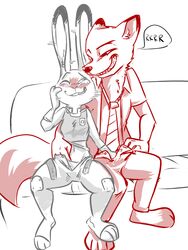 anonymous_artist blush canine clothing disney fox growling handjob judy_hopps lagomorph mammal monochrome mutual_masturbation nick_wilde orange_and_white panties rabbit sitting sketch smug zootopia