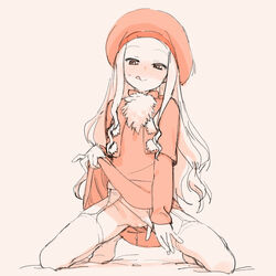 :q beret bitibiti blush capelet character_request dripping female full_body garter_belt garter_straps hat head_tilt headgear headphones kneeling long_sleeves looking_at_viewer monochrome nose_blush orange_(color) panties panties_aside pom_pom_(clothes) presenting pussy pussy_juice shirt_lift smile solo spread_legs summon_night sweatdrop thighhighs tongue tongue_out underwear