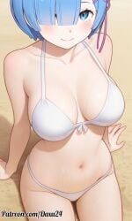 above_view ai_generated anime_girl beach big_ass big_breasts big_butt bikini blue_hair blush curvy daxa female patreon patreon_artist patreon_link patreon_reward patreon_url patreon_username re:zero_kara_hajimeru_isekai_seikatsu rem_(re:zero) sand sexy sitting smile smiling thick_thighs