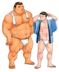 2boys abs age_difference bara beard_stubble beefy biceps big_areola big_hands big_toes black_eyes blush breasts broad_shoulders brown_hair bulge bulge_through_clothing chubby collarbone dad_bod dadbod daddy dilf father father_and_son flip_flops full_body fundoshi fundoshi_only gay genital_outline hachimaki happi_(clothing) headband height_difference hi_res hicochi788_(hiko) japanese_clothes looking_at_another male male_breasts male_only mature_male muscles muscular muscular_arms muscular_legs muscular_male muscular_thighs navel open_clothes original original_character pecs pubic_hair quadriceps rokushaku_fundoshi short_hair short_legs size_difference small_pupils smile son standing thick thick_arms thick_legs thick_thighs topless towel towel_around_neck tying tying_headband white_background white_fundoshi yaoi