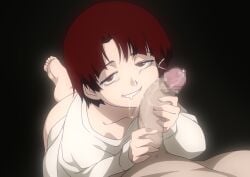 1boy 1girls 2024 anime_coloring asymmetrical_hair barefoot black_background both_hands_on_cock bottomless brown_eyes brown_hair butt censored censored_penis collarbone commentary curved_to_the_right_penis feet female_focus hair_ornament hairclip half-closed_eyes hetero holding_penis implied_oral iwakura_lain jcm2 lain_iwakura laying_down long_sleeves looking_at_viewer mosaic_censoring official_style oral partially_clothed partially_clothed_female penis penis_on_face pov pov_eye_contact pov_male saliva saliva_trail serial_experiments_lain shirt short_hair simple_background smile smiling_at_partner smiling_at_viewer smug smug_face soles solo_focus sweater teenage_female teenager teeth toes white_shirt white_sweater x_hair_ornament