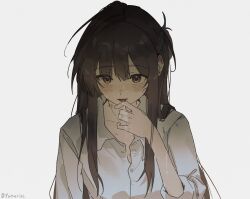 bite_mark brown_hair buttons collared_shirt commentary dress_shirt earrings female hickey highres jewelry long_hair long_sleeves pussy_juice pussy_juice_on_fingers sasagawa_yuki sendai_hazuki shirt shuuniichido_classmate_wo_kau_hanashi sidelocks solo white_shirt yuri