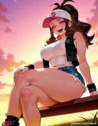 ai_generated ass_hanging_out ass_hanging_out_of_shorts balecxi baseball_cap black_vest blue_eyes brown_hair cloud crossed_legs cutoffs denim denim_shorts female hat high_ponytail hilda_(pokemon) large_breasts long_hair looking_at_viewer midriff navel one_eye_closed open_clothes open_mouth open_vest outdoors patreon_username pokemon short_shorts sidelocks sitting sky sleeveless sleeveless_shirt smile solo sunset tank_top thick_thighs white_shirt wristband