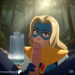 1boy ai_assisted ai_generated blonde blonde_blazer blonde_female blonde_hair blonde_hair_female blue_bodysuit blue_eyes bodysuit breasts collarbone curvaceous curvaceous_body curves curvy curvy_body curvy_female curvy_figure day dispatch_(game) domino_mask dreamblend erection eye_mask fellatio female forest gloves handjob heroine hourglass_figure large_penis light-skinned_female light_rays light_skin lips long_hair looking_at_viewer mask nature oral outdoors penis pov pov_crotch rock solo_focus straight sunbeam sunlight superhero superheroine tree uncensored voluptuous voluptuous_female water waterfall