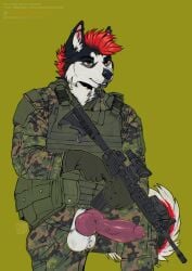 anthro army army_clothing army_outfit army_uniform balls big_balls big_muscles big_penis black_body black_fur bottomwear brown_eyes bulletproof_vest camo camo_bottomwear camo_clothing camo_pants camo_print camo_shirt camo_topwear camo_vest canid canine canis chin_piercing clothed clothing domestic_dog duo ear_piercing erection erection_through_clothing fur genitals gloves green_background green_bottomwear green_clothing green_gloves green_handwear green_pants green_shirt green_topwear green_vest grin gun hair handwear hi_res holding_gun holding_object holding_ranged_weapon holding_rifle holding_shotgun holding_weapon husky jeanwoof knot knotted_penis male male/male mammal manly military military_clothing military_gear military_pants military_uniform military_vest mohawk multicolored_body multicolored_fur muscular muscular_anthro muscular_arms muscular_male muscular_thighs nordic_sled_dog open_bottomwear open_clothing open_pants pants pattern_bottomwear pattern_clothing pattern_pants pattern_shirt pattern_topwear pattern_vest penis penis_poking_out penis_through_clothing penis_through_fly piercing pose presenting presenting_penis ranged_weapon red_body red_fur red_hair red_mohawk red_penis rifle shirt shotgun shoulder_pads simple_background smile soldier spitz standing tactical tactical_belt tactical_gear tactical_gloves tactical_load_carring_vest tactical_pants thick_arms thick_thighs topwear uniform unzipped unzipped_clothing unzipped_pants vest warrior weapon white_body white_fur zipper