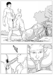 2boys antlers avian balls bird black_and_white black_hair border centaur comic duo equine equine_taur erection fellatio forest furronika grass greyscale hair horn human interspecies light-skinned_male light_skin male male_only mammal monochrome nude oral outdoors outside penis pointy_ears pubes side_view standing taur tree yaoi