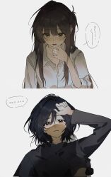 ... 2girls bite_mark black_eyes black_hair brown_hair closed_mouth clothes_lift dress_shirt earrings grey_shirt hickey highres jewelry long_hair miyagi_shiori multiple_girls pussy_juice pussy_juice_on_fingers sasagawa_yuki sendai_hazuki shadow shirt shirt_lift short_hair shuuniichido_classmate_wo_kau_hanashi sidelocks simple_background spoken_ellipsis sweat white_background white_shirt yuri