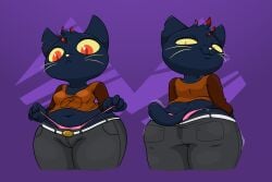 absurd_res anthro ass ass_cleavage big_butt big_ears big_eyes black_body black_fur blue_body blue_fur bottomwear breasts butt_crack clothed clothing curvy_figure dark_blue_fur dark_body denim denim_clothing domestic_cat dyed-hair felid feline felis female female_only front_and_back front_view fur hair hi_res highlights_(coloring) jeans looking_at_viewer looking_down mae_borowski mammal midriff mischievous multicolored_hair multiple_poses navel night_in_the_woods notched_ear panties pants perspective pillothestar pink_clothing pink_panties pink_underwear pose pulling_underwear purple_background raised_clothing raised_shirt raised_tail raised_topwear rear_view red_eyes red_hair sagging_pants shirt shortstack simple_background slightly_chubby small_breasts smile smiling_at_viewer solo solo_female stretched_clothing tail_motion tailwag thick_thighs tight_clothing topwear tugging_clothing two_tone_hair underwear video_games whiskers wide_hips yellow_eyes