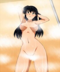 1girls arms_behind_head artist_request bald_pussy belly_button black_hair blush boobs breasts brown_hair convenient_censoring dripping female fog inuyasha kagome kagome_higurashi long_hair navel nipples nude shaved_pussy shower showering simple_background smile steam water wet