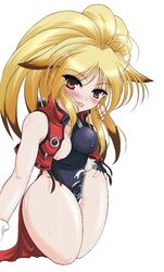 animal_ears blonde_hair blush breasts breasts_out brown_eyes c.r. clothing endless_frontier female fox_ears kneeling long_hair namco_x_capcom nipples one_breast_out photoshop ryuuki_yumi solo super_robot_wars super_robot_wars_og_saga_mugen_no_frontier tongue xiaomu