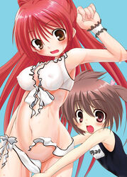 blush brown_eyes brown_hair erect_nipples kousaka_tamaki long_hair medium_breasts one-piece_swimsuit red_eyes red_hair school_swimsuit short_hair swimsuit to_heart_(series) to_heart_2 undressing wardrobe_malfunction yuzuhara_konomi