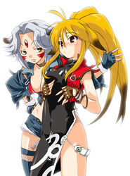 2girls animal_ear antenna_hair blonde_hair blush breast_grab breasts brown_eyes china_dress chinadress chinese_clothes choker cleavage clothing cutoffs denim denim_shorts dog_ear dress endless_frontier erect_nipples facial_mark female female_only fingerless_gloves forehead_mark gloves long_hair midriff multiple_girls namco_x_capcom ponytail red_eyes saya_(namco_x_capcom) short_hair shorts silver_hair simple_background smile super_robot_wars takase_hironori thighhighs tied_hair vest xiaomu yuri zipper