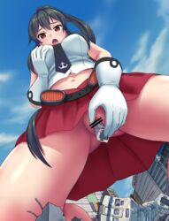 absurdres aoigai black_neckwear blush breasts building_in_pussy building_insertion censored city day destruction female from_below giantess gloves ground_vehicle highres kantai_collection kneeling large_breasts long_hair looking_at_viewer looking_down masturbation navel no_panties object_insertion open_mouth outdoors pleated_skirt ponytail pussy red_eyes red_skirt sailor_collar self_fondle size_difference skirt solo_focus train vaginal_object_insertion vaginal_penetration very_long_hair white_gloves yahagi_(kantai_collection)