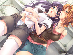 2girls alice_no_yakata_7 animal_ear blue_eyes blue_hair blush bow bow_panties brown_eyes brown_hair bunny_ear camisole female female_only fingering game_cg hand_in_another's_panties hand_in_panties human jewelry kagaya_touko kurashiki_mizuki kuroda_akimi miniskirt multiple_females multiple_girls necklace panties pussy_juice school_uniform serafuku shorts skirt source_request suzumiya_keimu_shoukan tear thighhighs underwear white_legwear white_panties white_thighhighs yuri