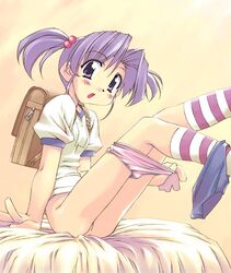 backpack bag blue_eyes blue_hair blush buruma buruma_around_leg buruma_around_one_leg footwear gym_uniform hair_bobbles hair_ornament legs_up panties panty_pull randoseru short_twintails sitting socks striped striped_legwear striped_panties striped_thighhighs thighhighs tied_hair twintails underwear white_panties